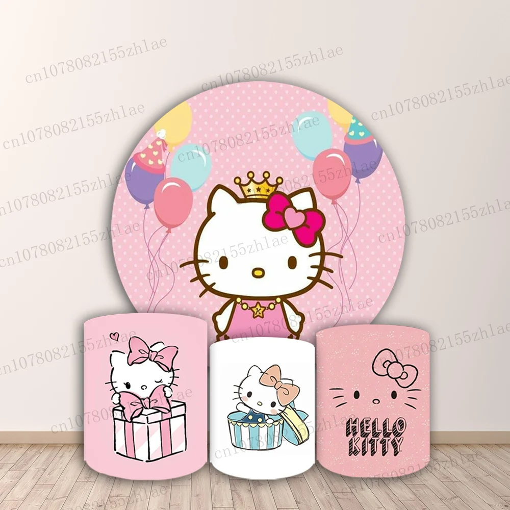 

Hello Kitty Baby Shower Photo Backdrop Birthday Party Pink Photography Backdrop Round&Cylinders Plinth Covers Decoration