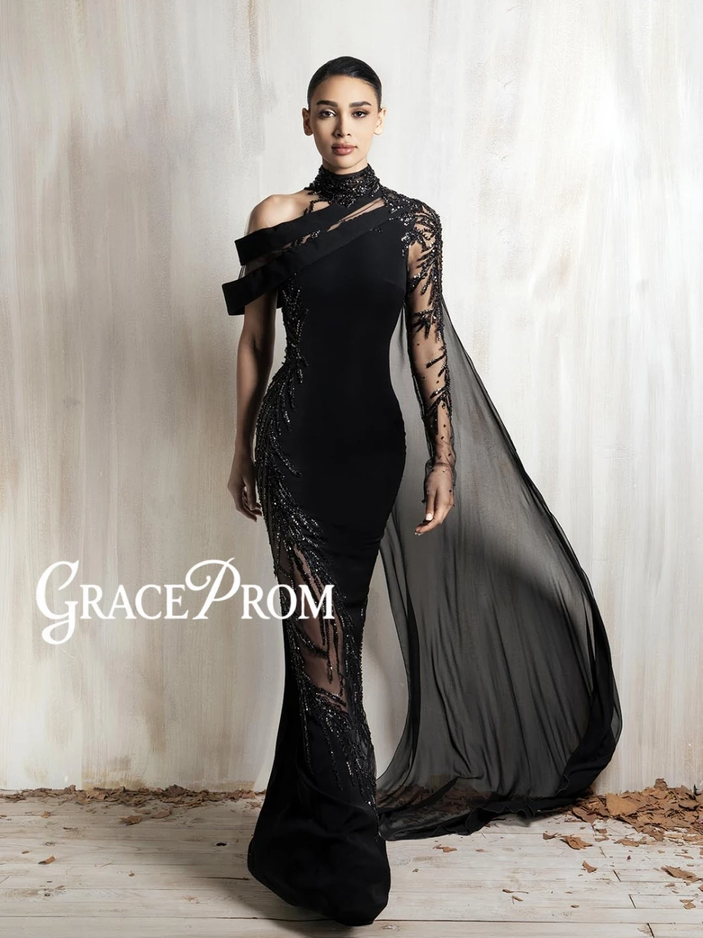 

GRACEPROM Black Beaded Sequined Evening Dress With Cape Statement Intricate Bodycon Fit Prom Gown Customized Classy Galas Wear
