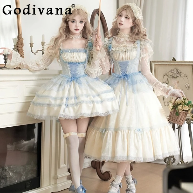 

Original French Court Style Retro Elegant Tea Party Lolita Long Dress Jsk Girl Women's Sweet High Waist Slim Short Sleeve Dress