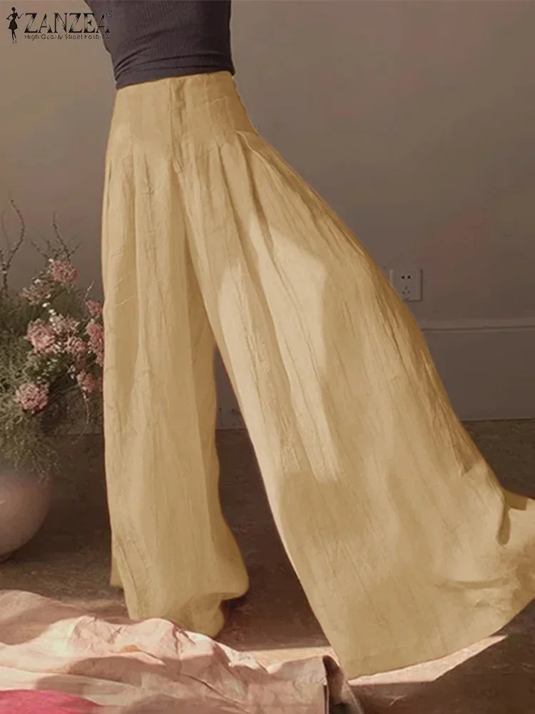 ZANZEA Pantaloni eleganti a gamba larga 2025 Pantaloni estivi da donna in tinta unita Pantaloni larghi casual con pieghe a vita alta