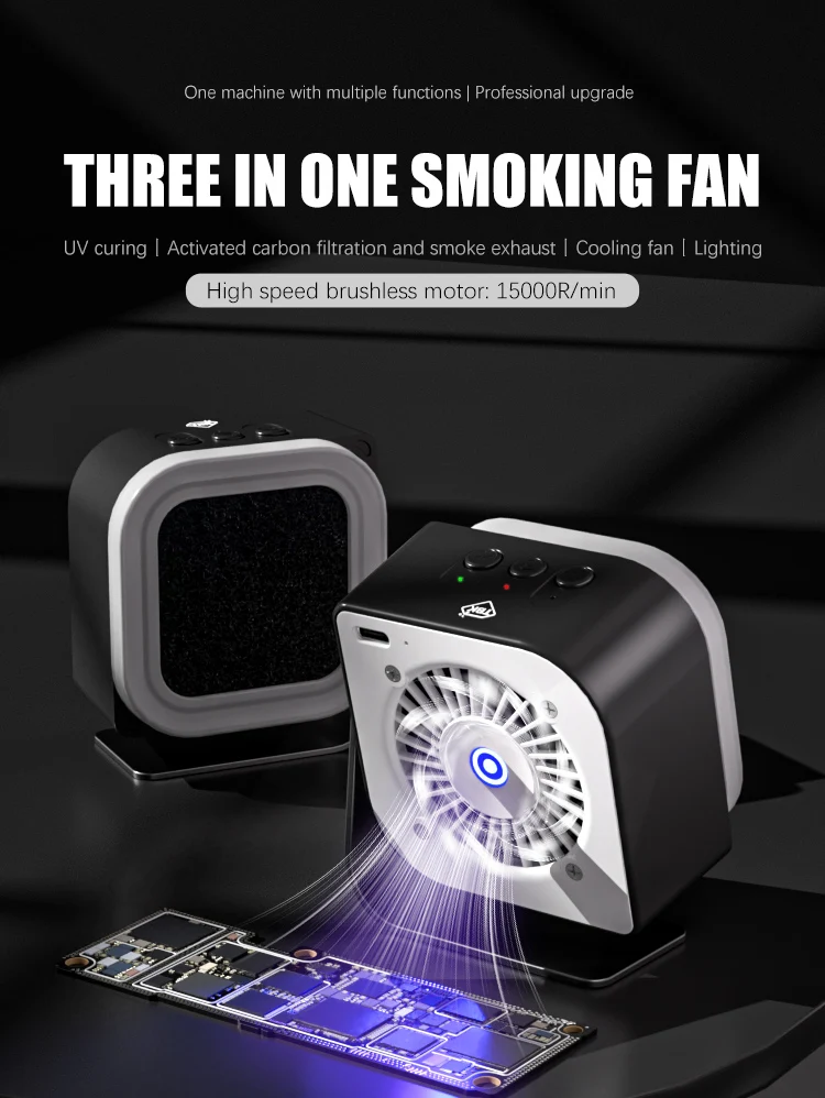 TBK-F001 3 in 1 Smoke Exhaust Cooling Lighting Fan UV Curing High Speed 15000R/min for Phone PCB BGA Chip Soldering Repair Tool