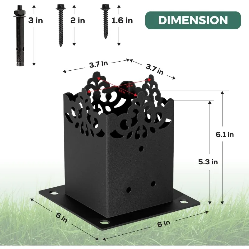 Creative Design 4x4 Fence Post Base - Square, Bolt-Down, Fit 3.5''x3.5'' Wood Post - Black, Set 6