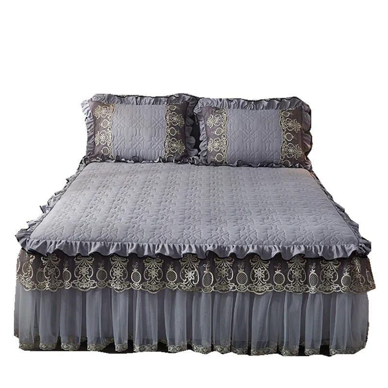 

Adult 3Pcs European Bed Spreads Cover Skirt Set, Luxury Embroidery Ruffle Quilt Bed Skirt for Home