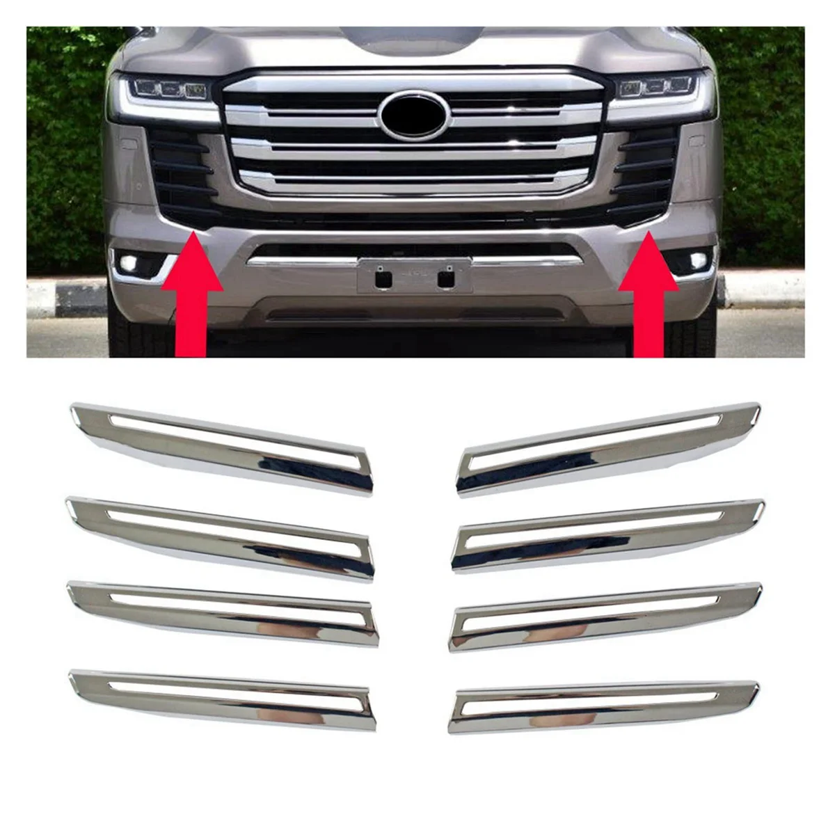 8Pcs Silver Front Fog Light Trim Strip Front Grille Bumper for Toyota Land Cruiser 2023 LC300