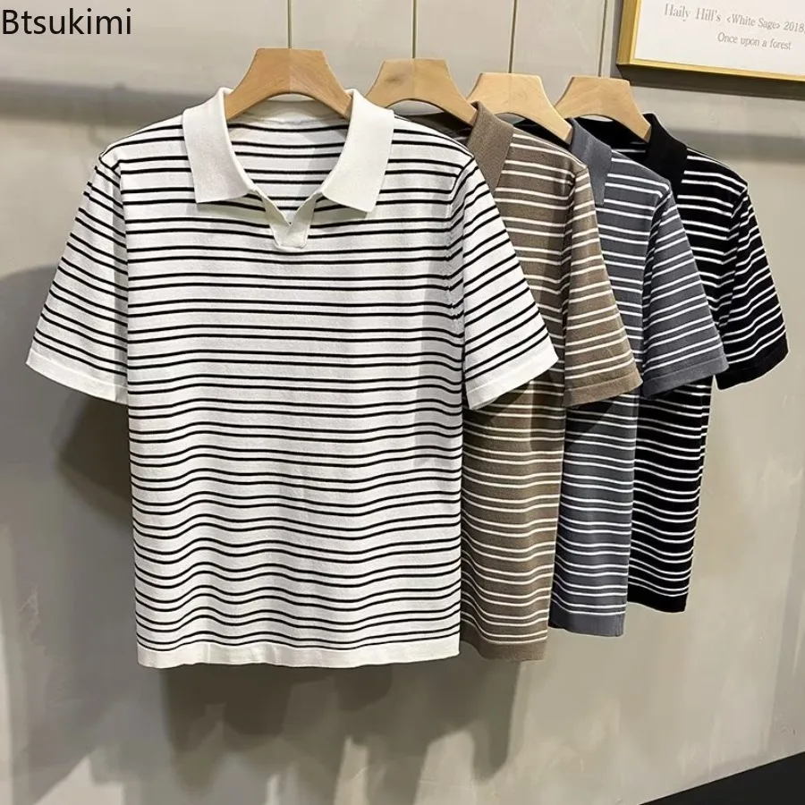 

2025 Men's Summer Thin Short Sleeved Polo Shirts Light Mature Style Striped Business Casual Lapel T-shirt for Men Male Clothing
