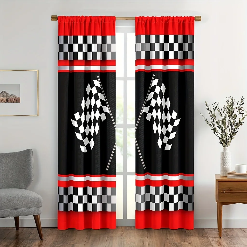 Cortinas con bandera de coche de carreras, 2 uds., negro, blanco, a cuadros, cruzado, bandera a cuadros, varilla, bolsillo, tratamiento de ventana para decoración de habitación.