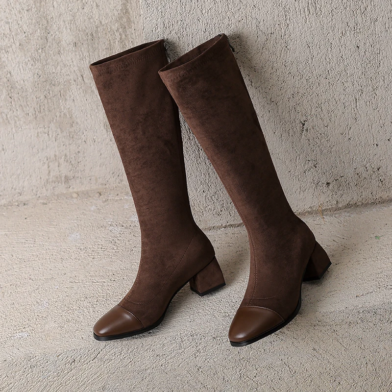 2024 new frosted elastic boots, mid heel round toe women's shoes, sizes 34-42.