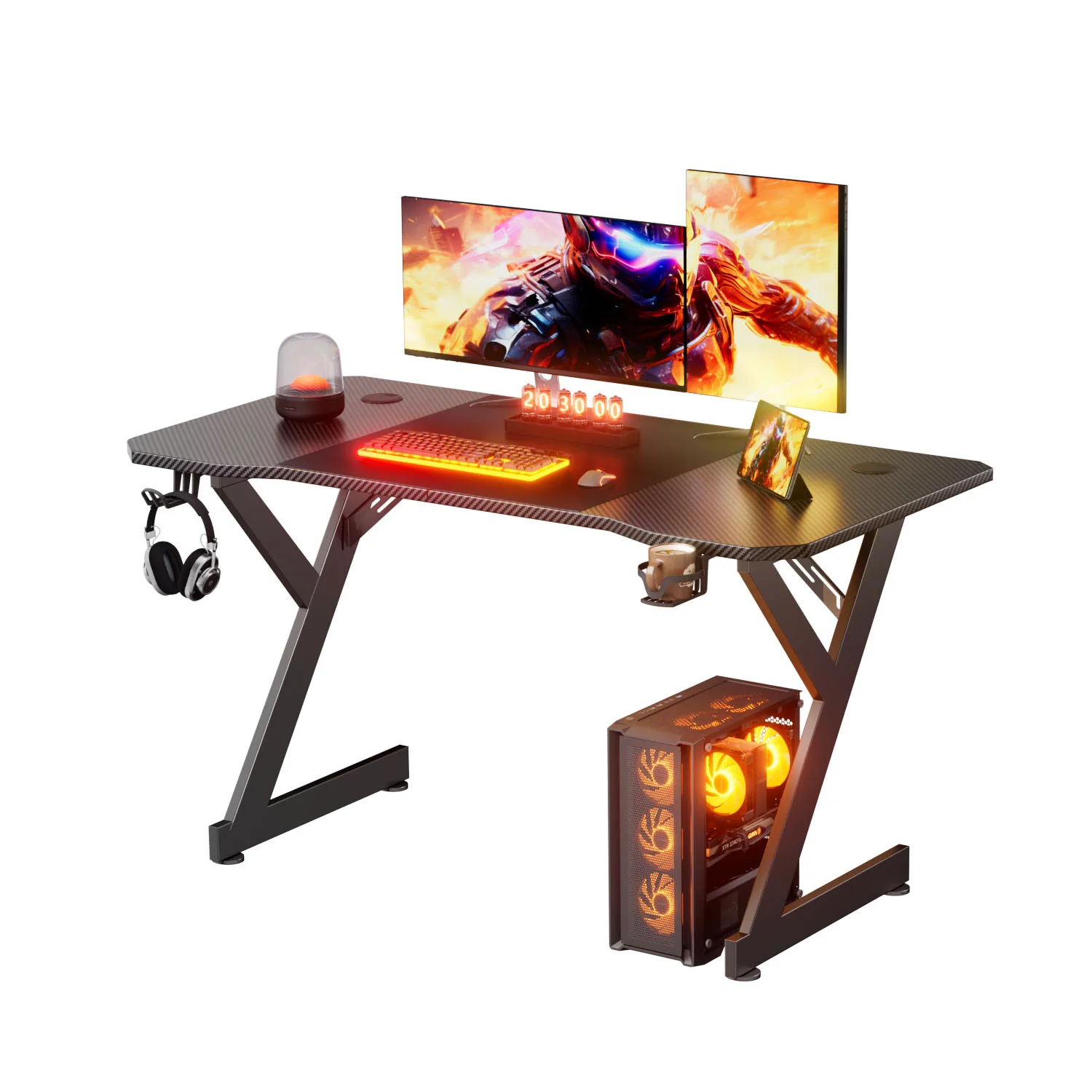 FRODROVIA 120/140/160 cm Gaming-Schreibtisch, Y-förmiger, stabiler Metallrahmen mit verstellbaren Spiralfüßen, Gaming-Schreibtisch mit Getränkehalter und Kopfhörerhaken für