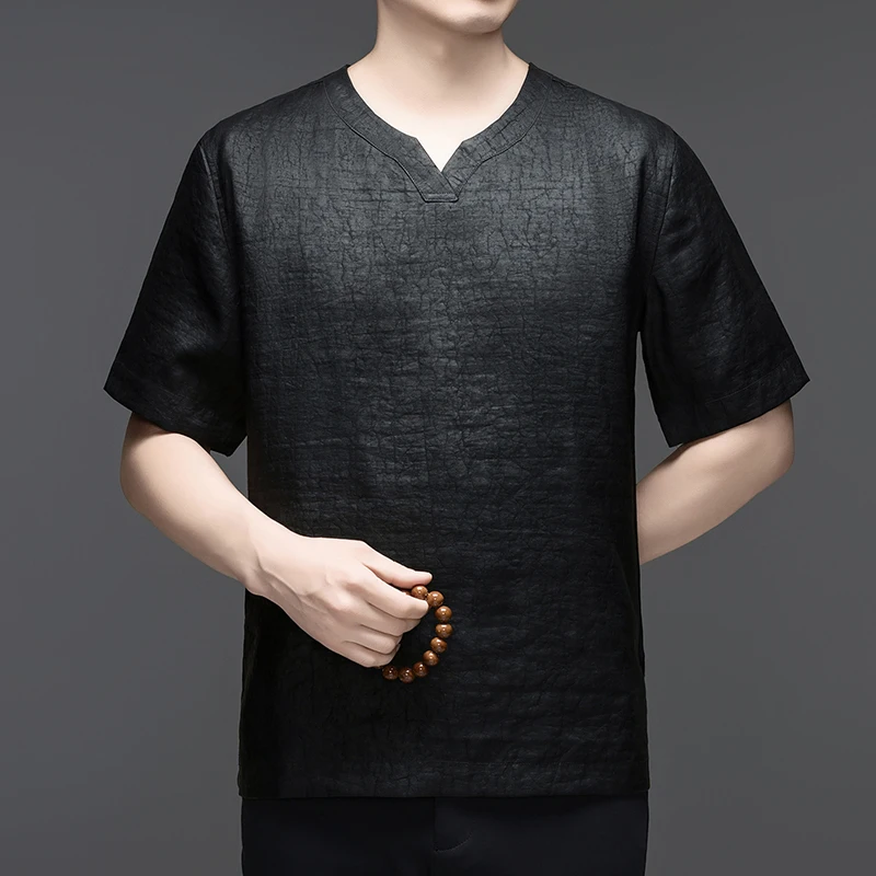 Natural Silk 100% Lightweight V-Neck T Shirt For Men Short Sleeve Summer Top Quality Skin-Friendly Loose Fit Camisetas De Hombre