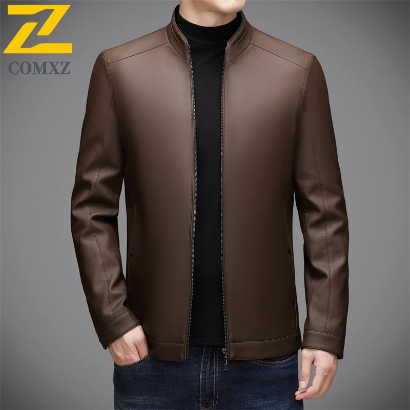 Luxury Mens Leather Coat 2025 Autumn Business Leisure Style Stand Collar Jacket Office Appropriate Sophisticated Outer Garment
