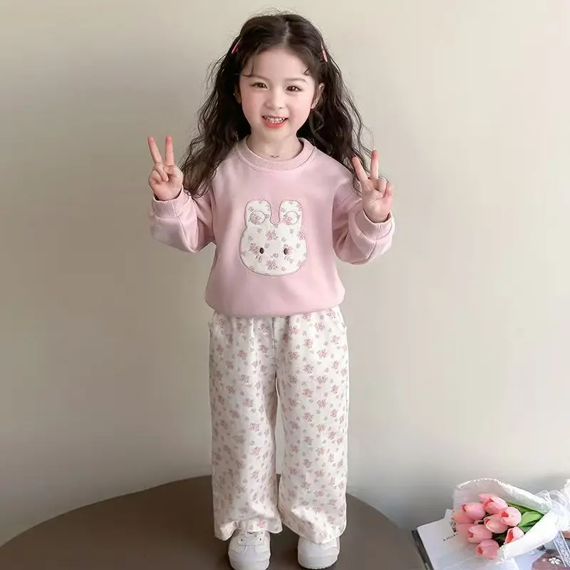 Girls' Clothing Set Spring and Autumn New Style Children's Korean Style Pink Sweater Floral Pattern Straight Pants Two-piece Set