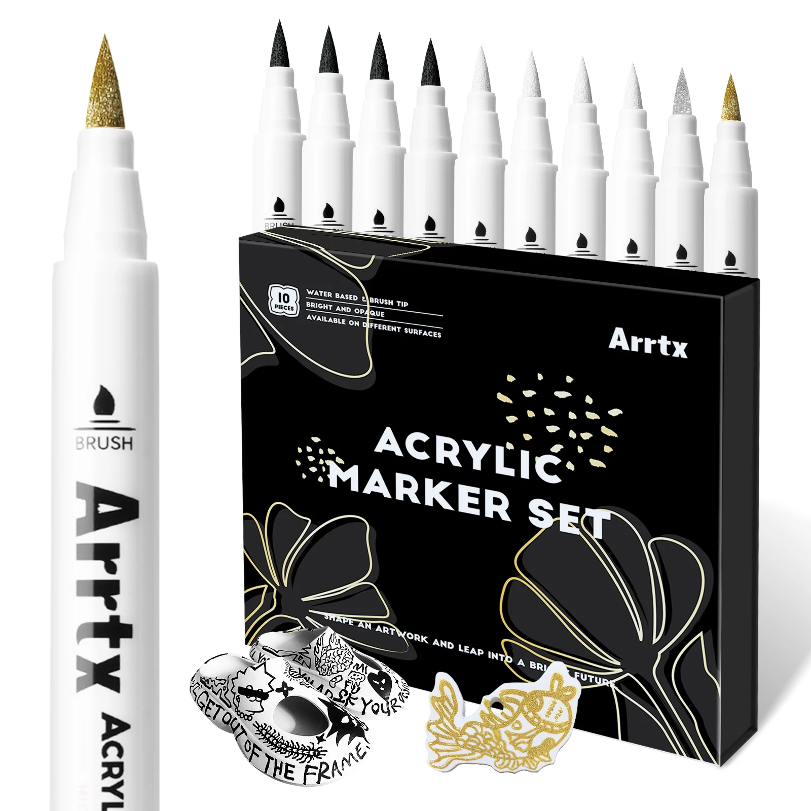 Arrtx canetas de tinta acrílica, pincel ponta marcadores, adequado para a maioria das superfícies, preto, 4 branco, 1 dourado, 1 prata, 10 Pack