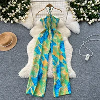 2024 New Summer Sexy Bohemian Leaf Print Jumpsuits Women Sleeveless Sexy Long Jumpsuit Mujer Casual Holiday Beach Rompers - Image 2