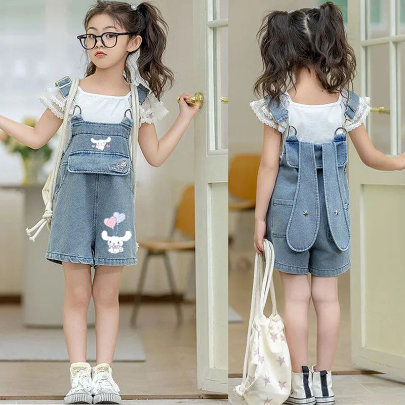 2Pcs Anime Sanrios Cinnamoroll Kids Overalls Girl Bunny Ear Ball Loose Denim Jumpsuit Suspender Pant Jeans Fashionr Kids Clothes