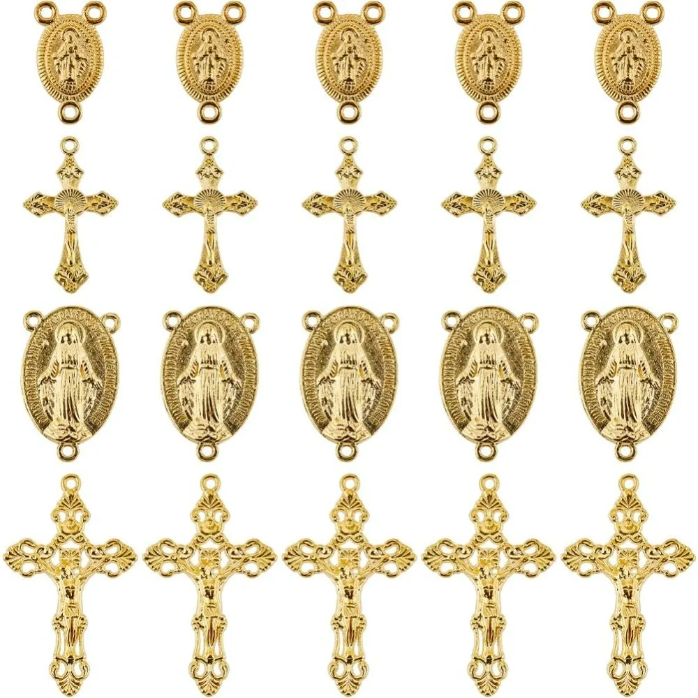 1 Box 40Pcs 4 Styles Gold Rosary Charm Rosary Cross Charms Easter Crucifix Oval Chandelier Links Findings Holiday making kit