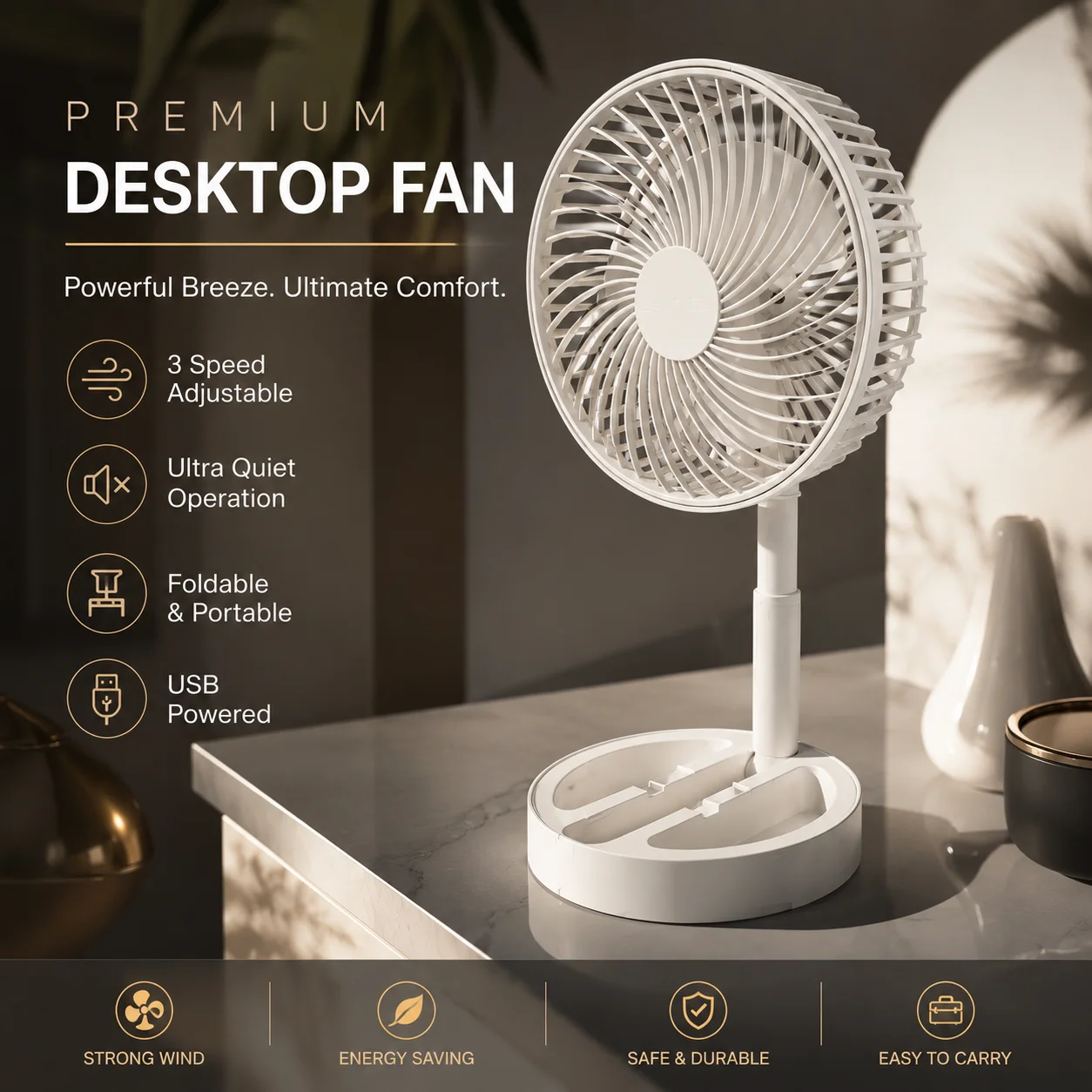 

Folding Stand Fan Portable Telescopic Floor USB With Rechargeable Battery Speeds Super Quiet Adjustable Height Desktop Fan Blowr