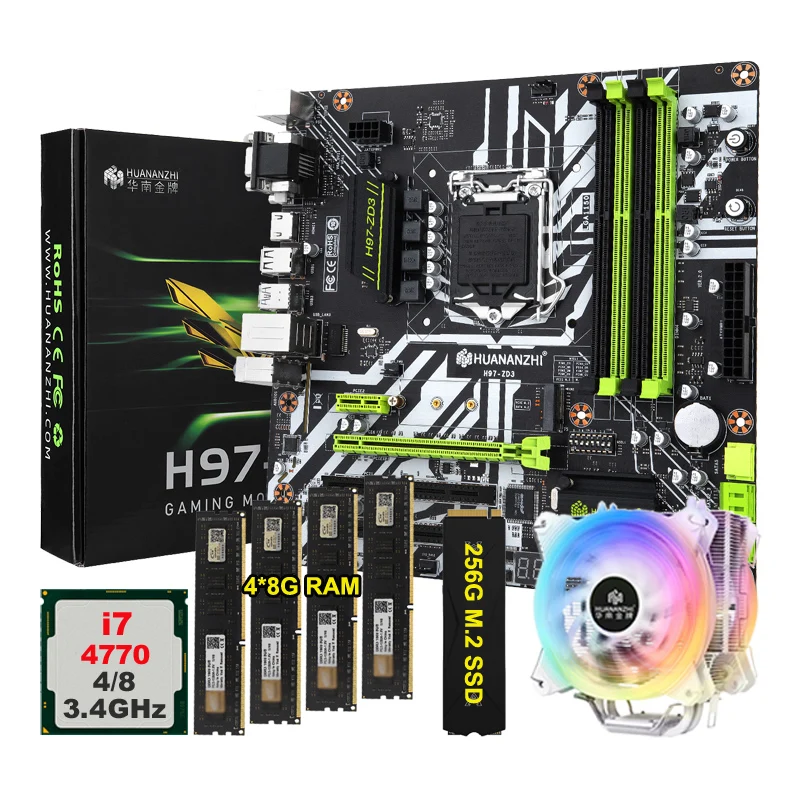 HUANANZHI H97-ZD3 LGA 1150 Motherboard Bundle CPU Intel Core i7 4770 4790K 4 Tubes Cooler 32G RAM 256G M.2 NVMe SSD VGA+HDMI+DVI