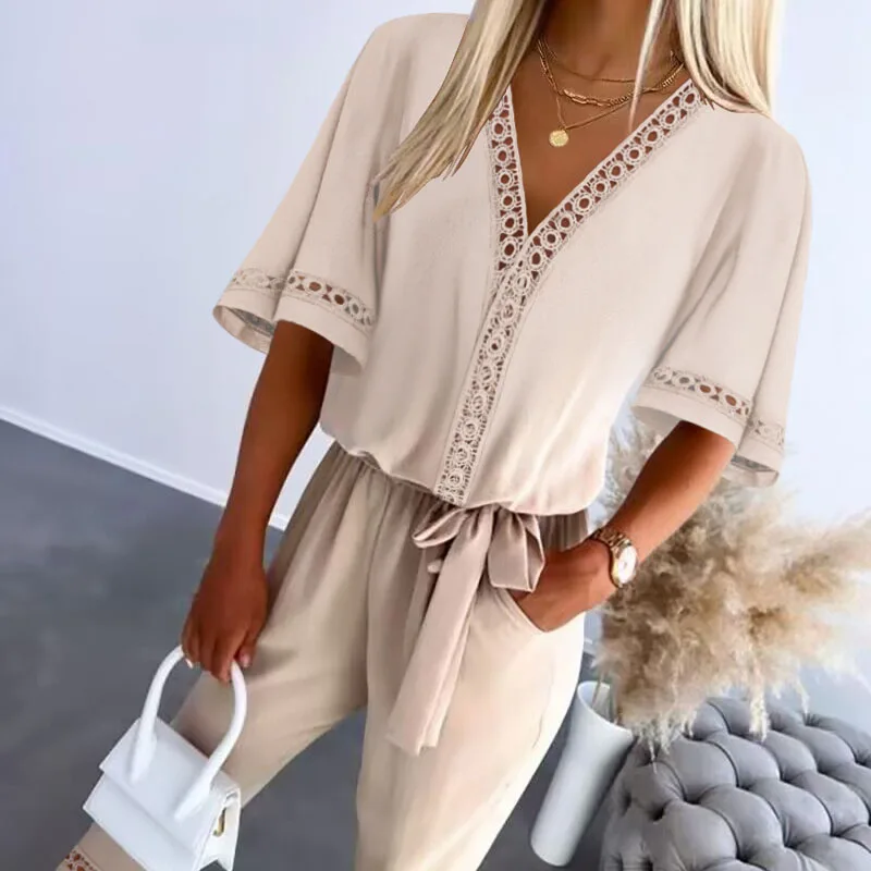 

New Summer Hollow Lace Tie Up Jumpsuits Casual Women's Off Shoulder Pocket Long Pants Playsuit Fashion High Waist Party Romper