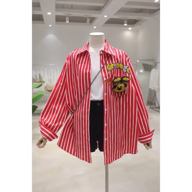 Streetwear Three-dimensional Cartoon Pendant Blouse Autumn Loose Thin Medium And Long Hip Striped Single-breasted Shirt Female