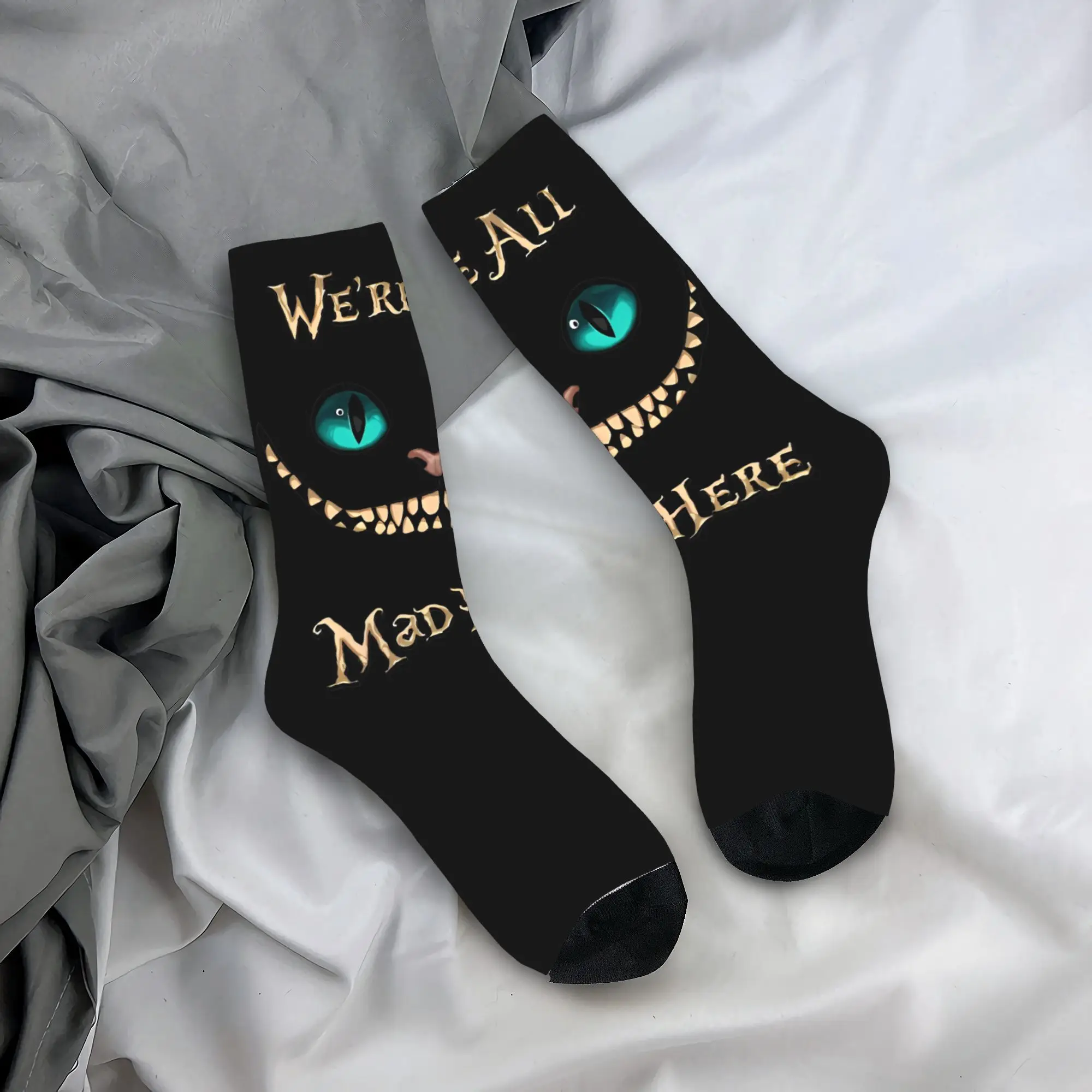 Alice In Wonderland Cheshire Cat Stockings Soccer Socks All Mad Here Polyester Middle Tube Socks for Unisex Sweat Absorbing