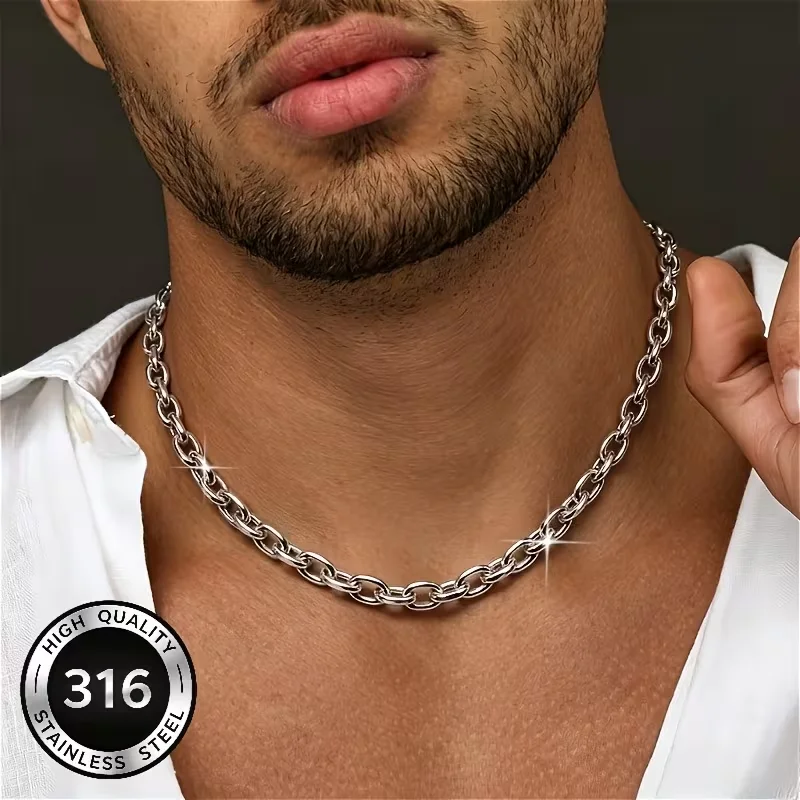 Chunky 7MM O-Chain Silver Color Stainless Steel Link Chain Necklaces Hiphop Thick Jewelry Rock Simple Outfit Unisex Accessories