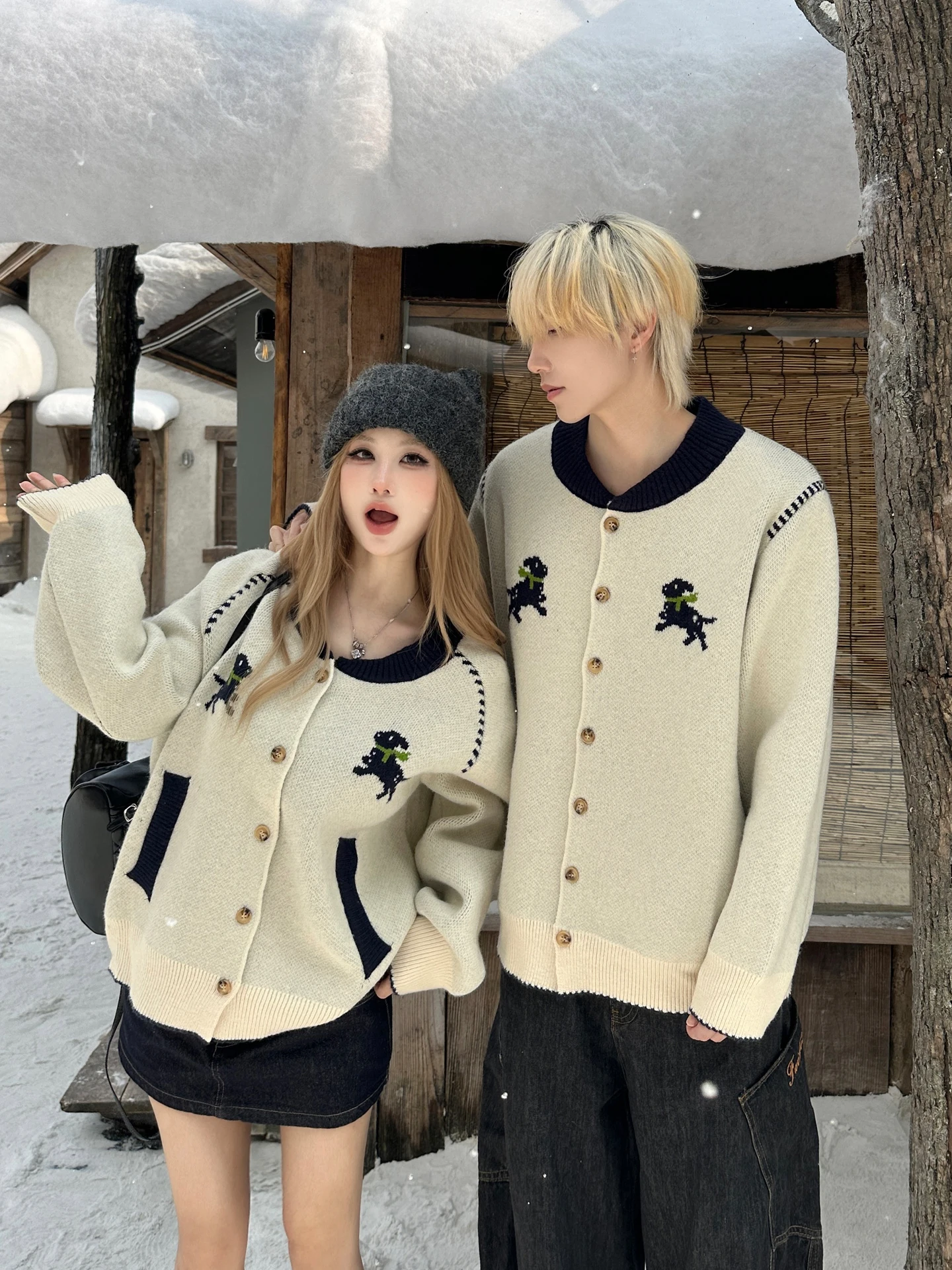 Laid-back Contrast Color Dog Pattern Open Cardigan Sweater Loose Casual Unisex Knitted Winter Outerwear Soft Long Sleeve