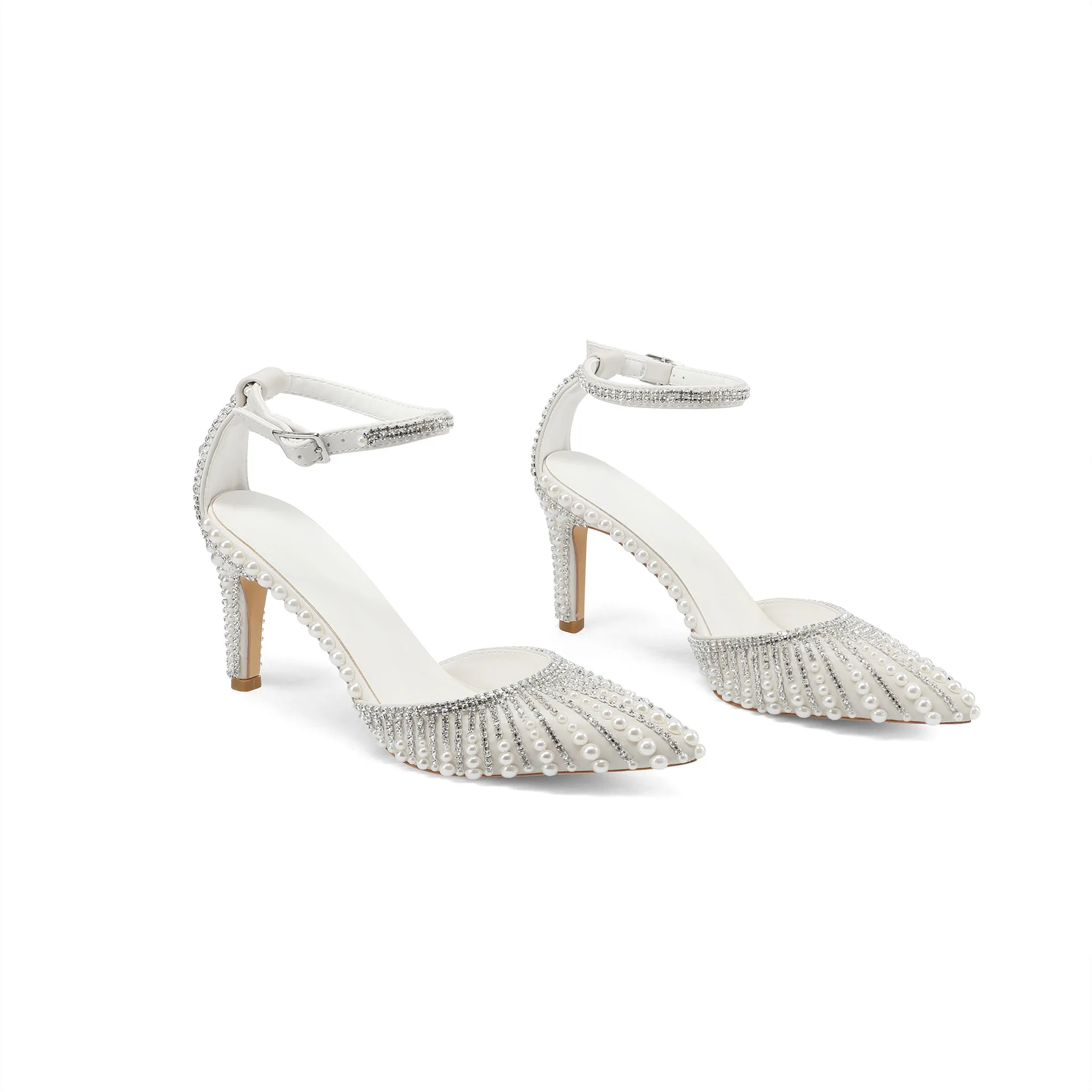 Sandalias de Verano para Mujer, Color Blanco Perla, Punta Cerrada, Tacón Alto Siletto, Diseño con Correa de Hebilla, Talla Grande, Punta Puntiaguda, Zapatos de Boda