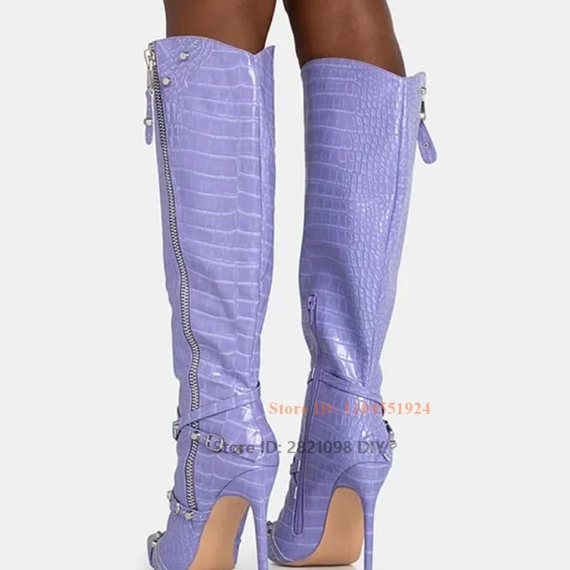 Fashion Pointed Toe Purple Pointy Toed Stiletto Patent Leather Snakeskin Knee High Boot for Women