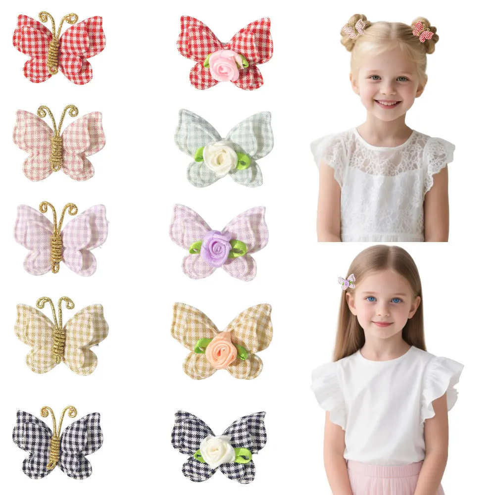 

10PCS Girls Hair Clips Gingham Plaid Butterfly Barrette Floral Bow Hairpins Double Butterfly Hair Accessories for Baby Children