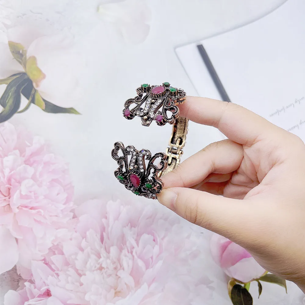 Neovisson Ethnic Women Cuff Bracelet Flower Antique Gold Color Resin Turkish Jewelry Rhinestone Banquet Wedding Wrist Jewelry