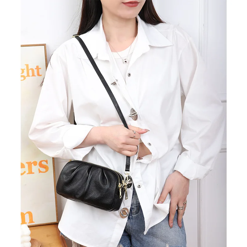 

2025 Hot Fashion Genuine Leather Cross-body Bag Women Wrinkle Design Large Capacity 3 Zippers Lady Pleated Shoulder Bags Good