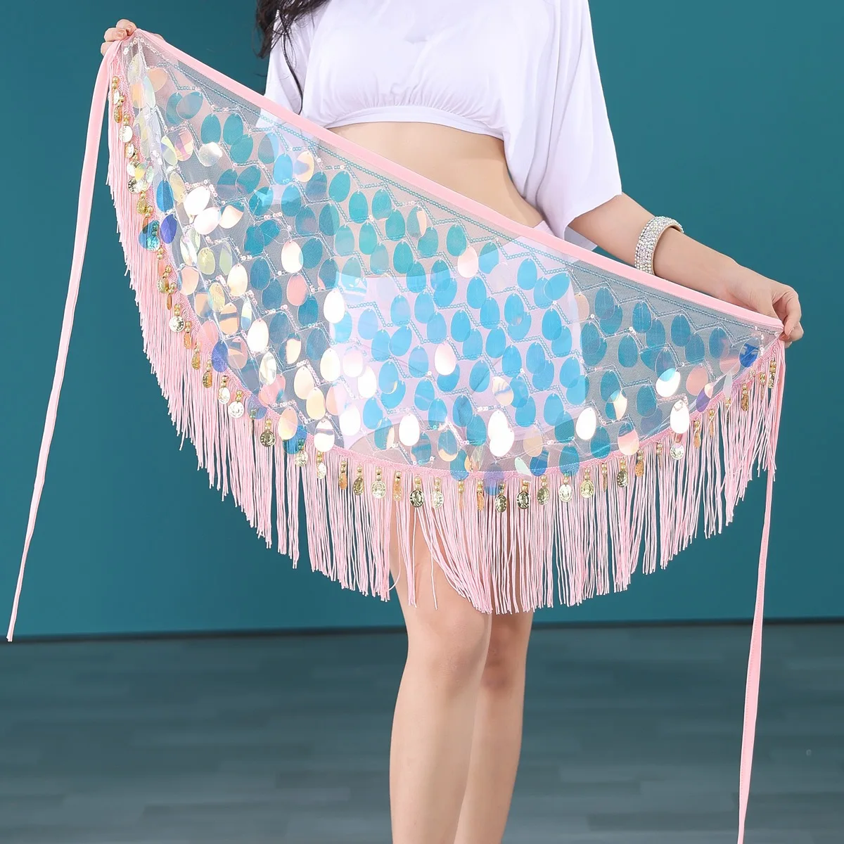 

Belly Dance Hip Scarf Sequins Women Pink Green Black Stage Performance Wear Practice Wear Tassel Skirt