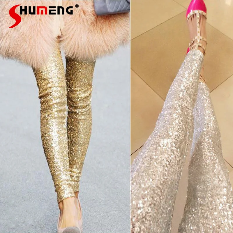 Women's Trousers 2024 Spring Autumn All-Match Sequins Casual Outdoor Solid Color Pants Slimming High Waist Nice Trousers