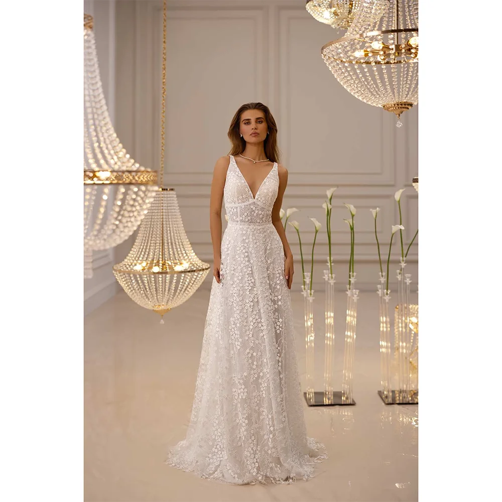 Vestido de Noiva Saudita Personalizado com Decote em V, Sem Mangas, Flores 3D, Modelo Evasê, em Jersey - Vestido de Noiva Personalizado 2026