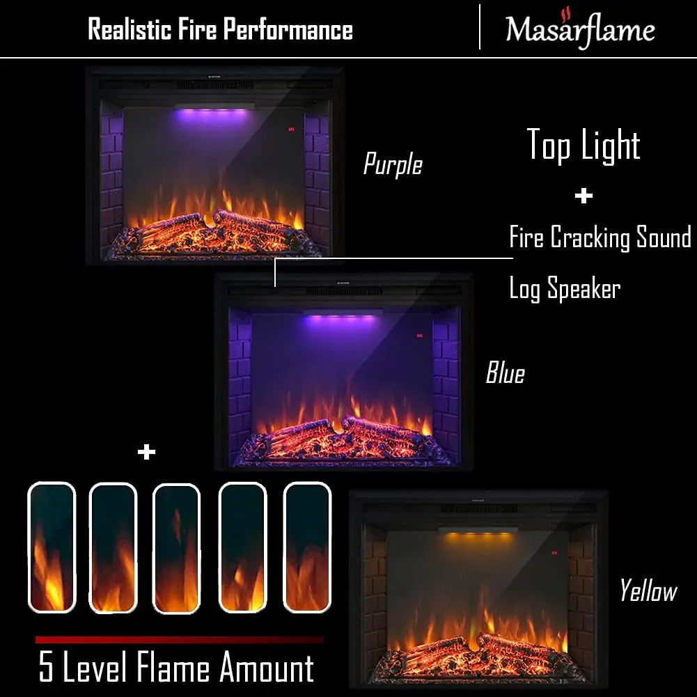 Inserção elétrica embutida retro lareira, aquecedor com fogo rachando som, controle remoto e temporizador, 750/1500, 33"