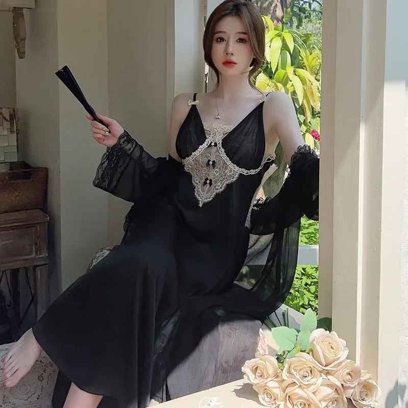 2PCS Nighty&Robe Set Lace Women Sleepwear Kimono Bathrobe Gown Suit Summer Silky Satin Nightgown Home Dress Loungewear