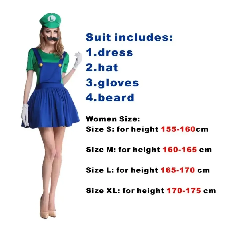 Anime Super Luigi Brothers Cosplay Volwassen Mannen en Vrouwen Halloween Kostuum Jumpsuit Met Hoed Snor Handschoenen