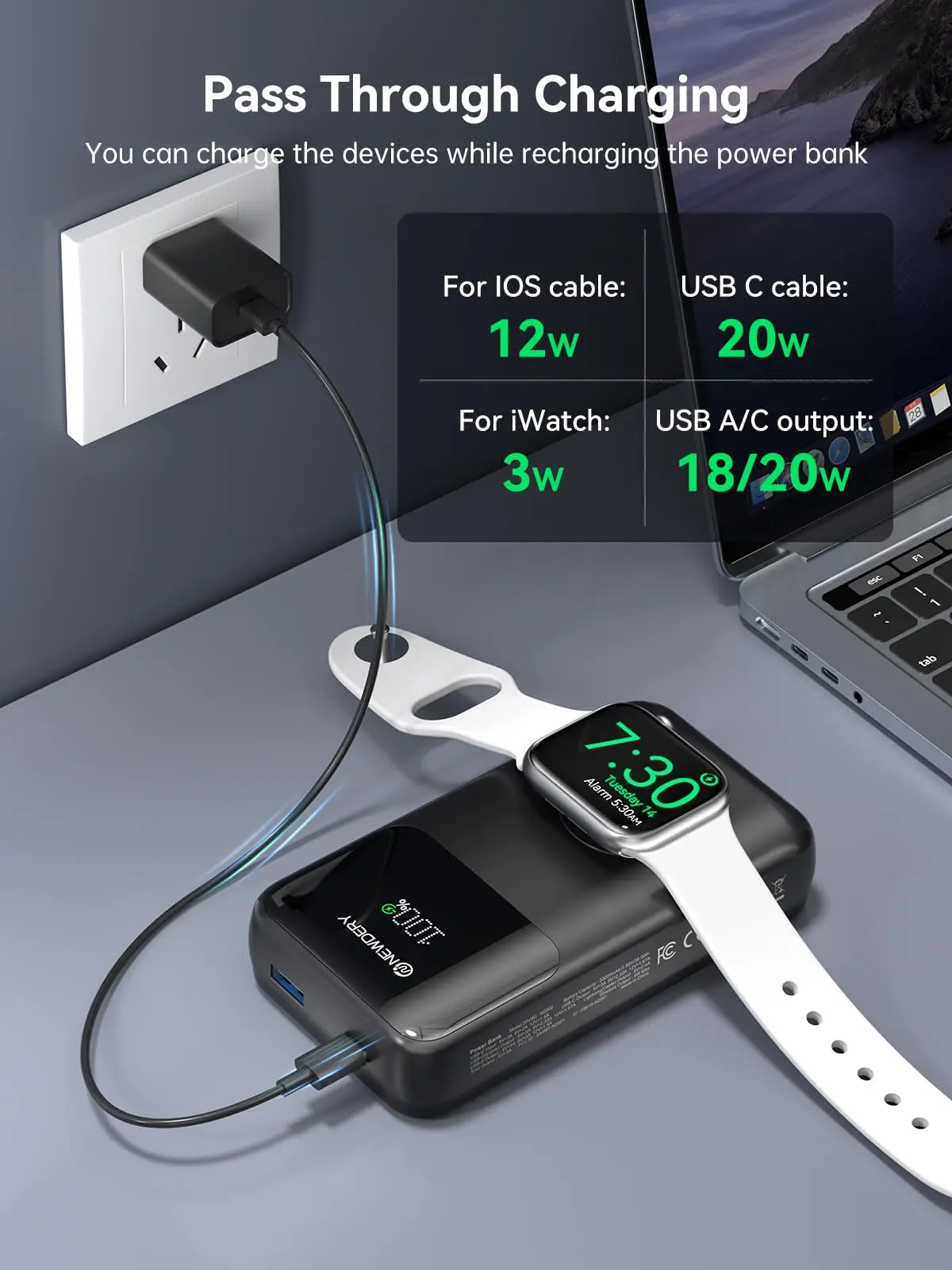 Powerbank Travel Battery Pack 20000mAh شاحن محمول لجميع iWatch، iPhones، Samsung Power Bank كابلات مدمجة شحن سريع #5