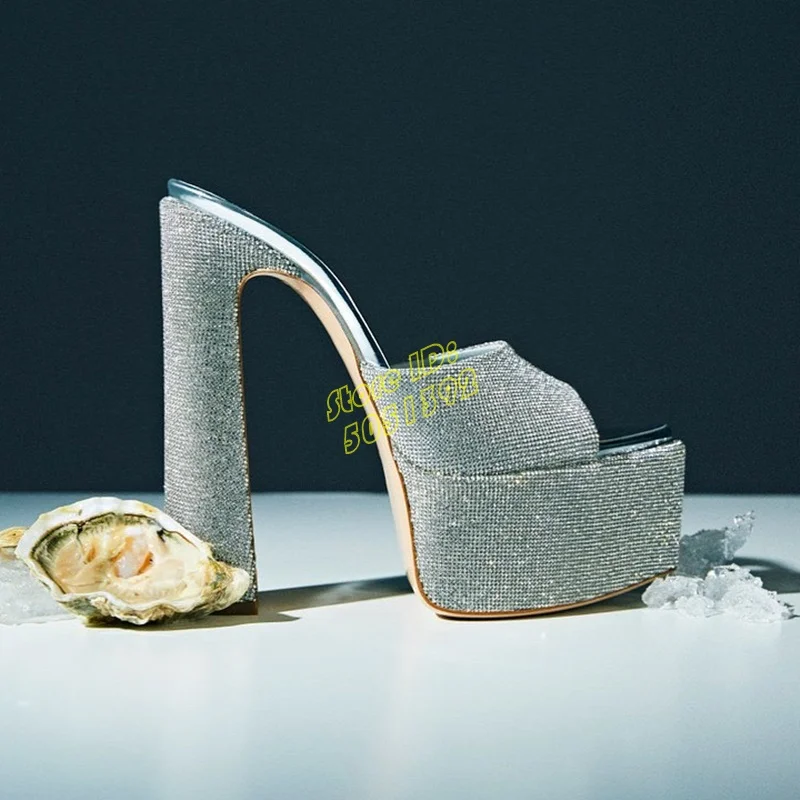 Sparkle and Shine Platform Block Heel Slippers Sexy Pointed Toe Slip On Silver Open Toe Runway 2024 Summer Dress Shoes