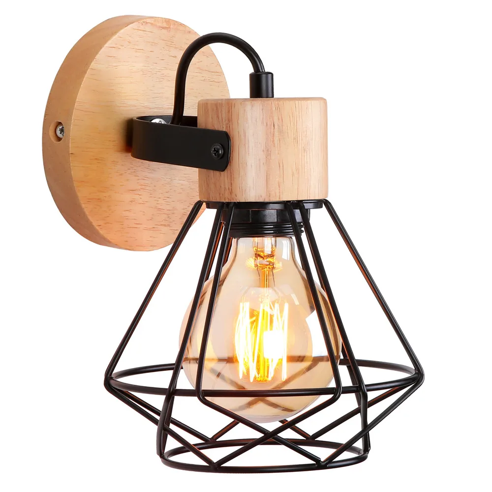 

Modern Mini Bedside Wall Lamp Wood Iron Cage Ceiling Light Fixture Industrial Retro Sconce for Bedroom Living Room Aisle Porch B