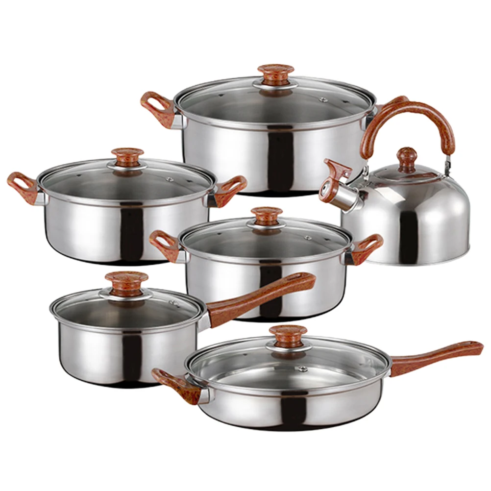

1 Set Kitchen Frying Pan Milk Pot Soup Pots Frying Pans Kettle Thickened Stainless Steel Kitchen Utensils Set Wood Grain Handle