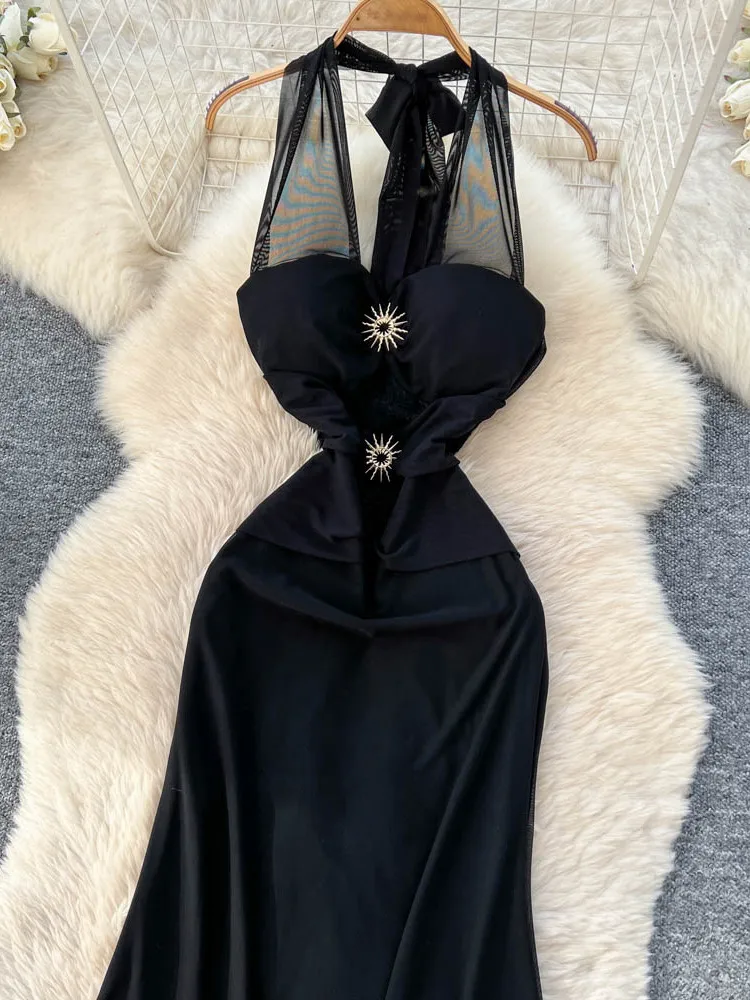 레이스 스플라이스 헤비 자수 메탈 블루 스트랩 여성용 하이웨이스트 A라인 드레스 슬림핏 출퇴근룩