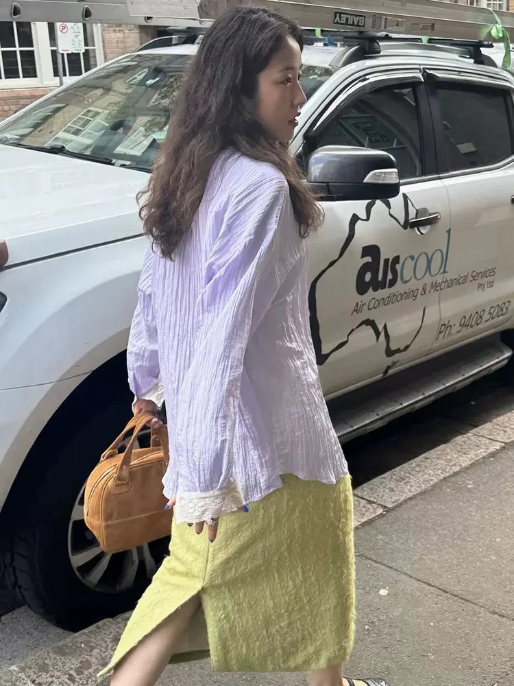 

Casual Loose Cotton irt with Lace Sves Sienne Sle Long Sve Collar Pure Color Button Closure Commute Sle