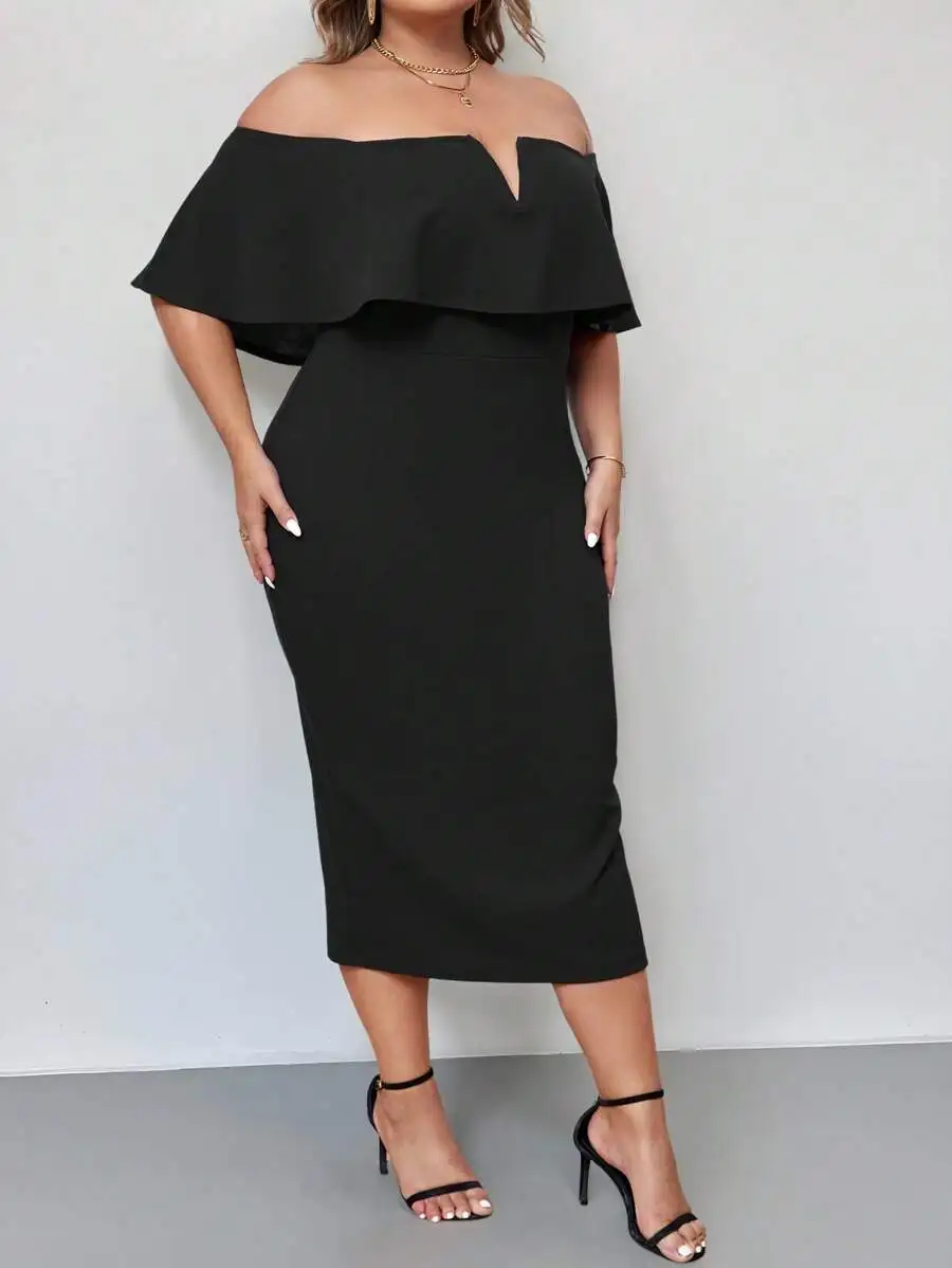 

Plus Size Women Elegant Solid Color Off Shoulder Dress Spring To Summer
