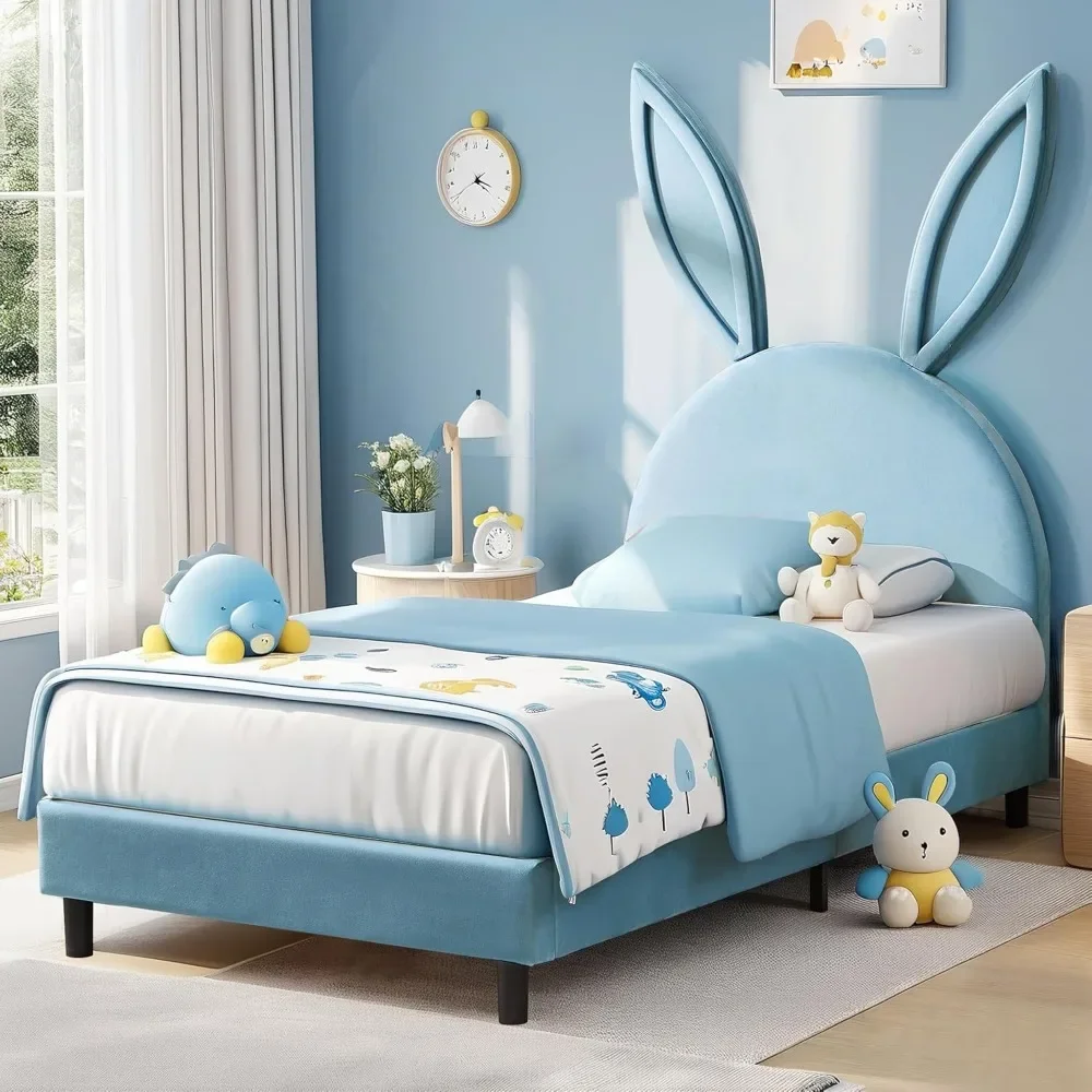 Twin Size Bed Frame with Rabbit Shaped Headboard for Girls Kids Room, Heavy-Duty Platform Bed Frame