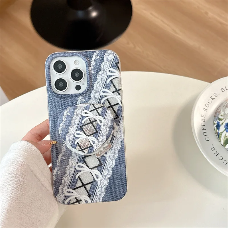 الرجعية مقوس دانتيل الدنيم الفن المونتاج أنيقة جراب هاتف ل Magsafe آيفون 16 15 14 13 12 برو ماكس حافظة لطيف فاخر غطاء مقاوم للصدمات