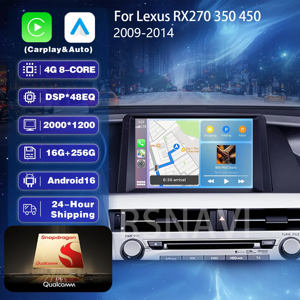 RSNAVI Android 16 Player For Lexus RX270 350 450 LHD 2009 - 2014 Carplay Auto Qualcomm Car Radio Multimedia WIFI+4G Head Unit