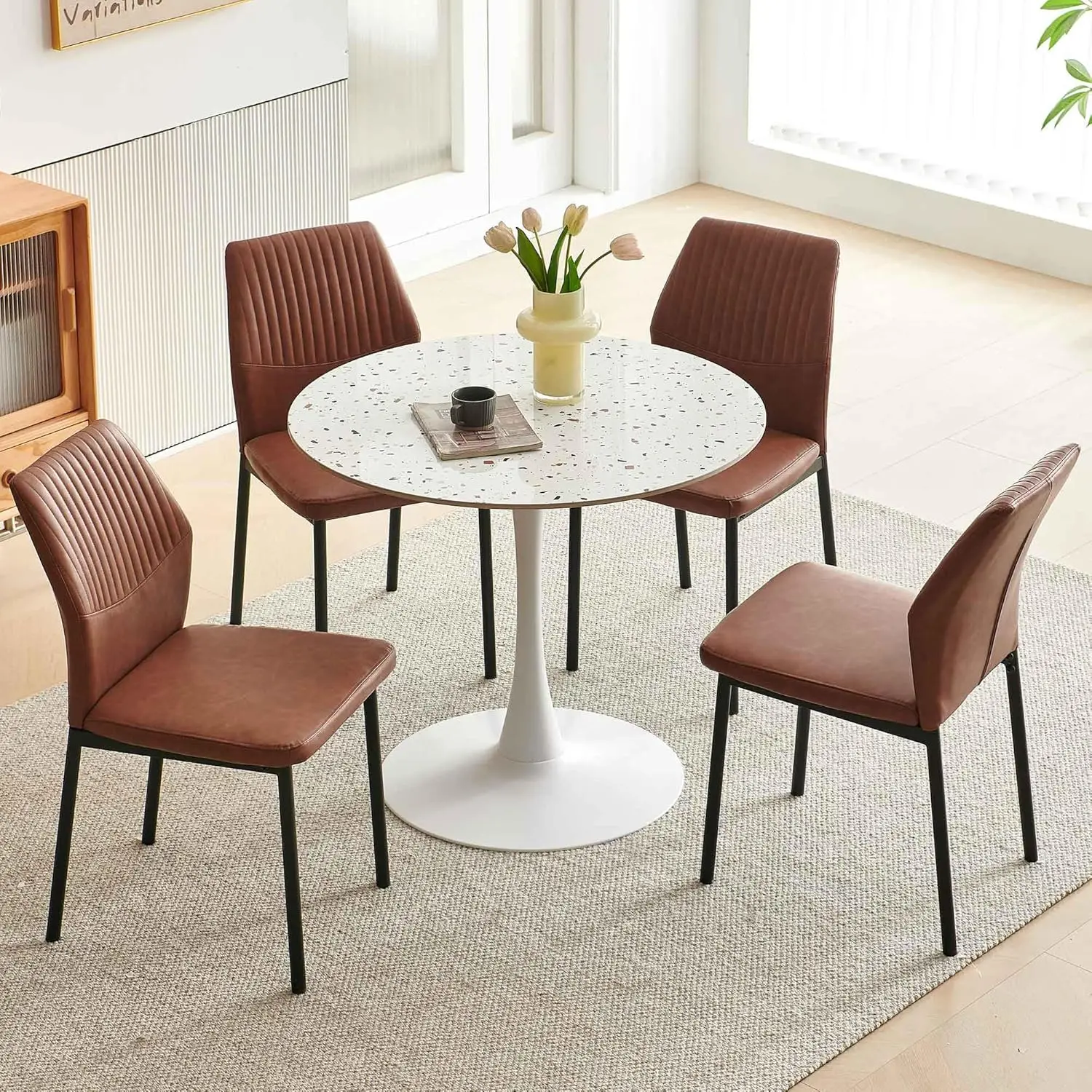 NORDICANA 4 Seater Kitchen Tulip Dining Table Set for 4, 5-Piece Round Dining Room Set with White 35 Inch Sintered Stone Circle