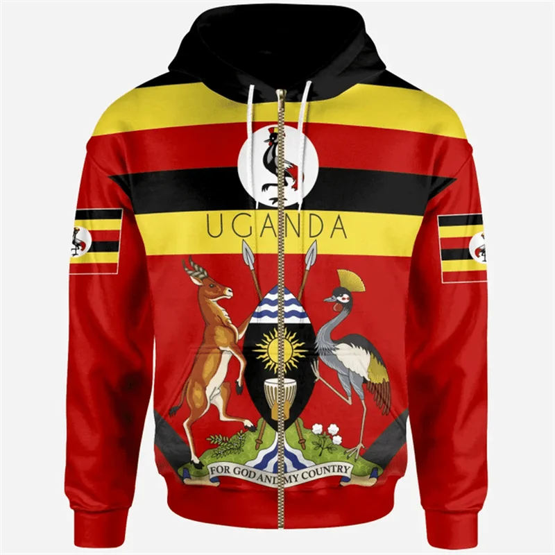 Hoodie Unisex com Bandeira País UGANDA, 3D Impresso Hoodies, Jaqueta Casual, Roupas Treino, Zip Streetwear, Vestuário Africano, 2024