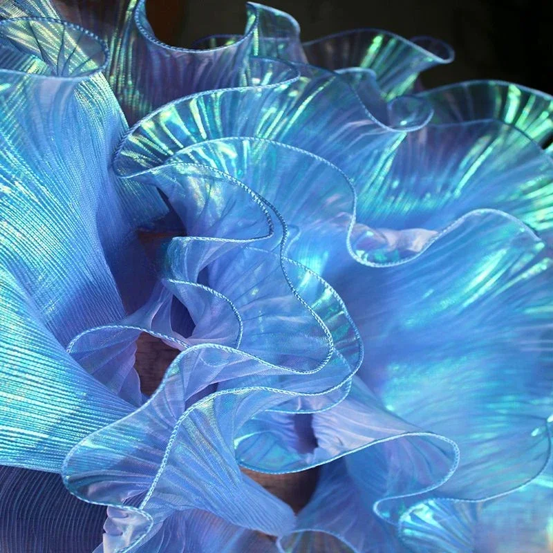 

Ocean Blue Holographic Gradient Pleated Lace Fabric for Evening Gowns Dress Cuffs Hem Trim & Designer Mesh Apparel